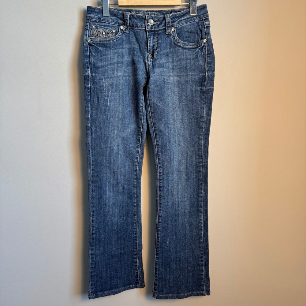 LA Idol USA Bootcut Jeans Embellished Rhinestone Flap‎ Pocket Blue Womens Size 5